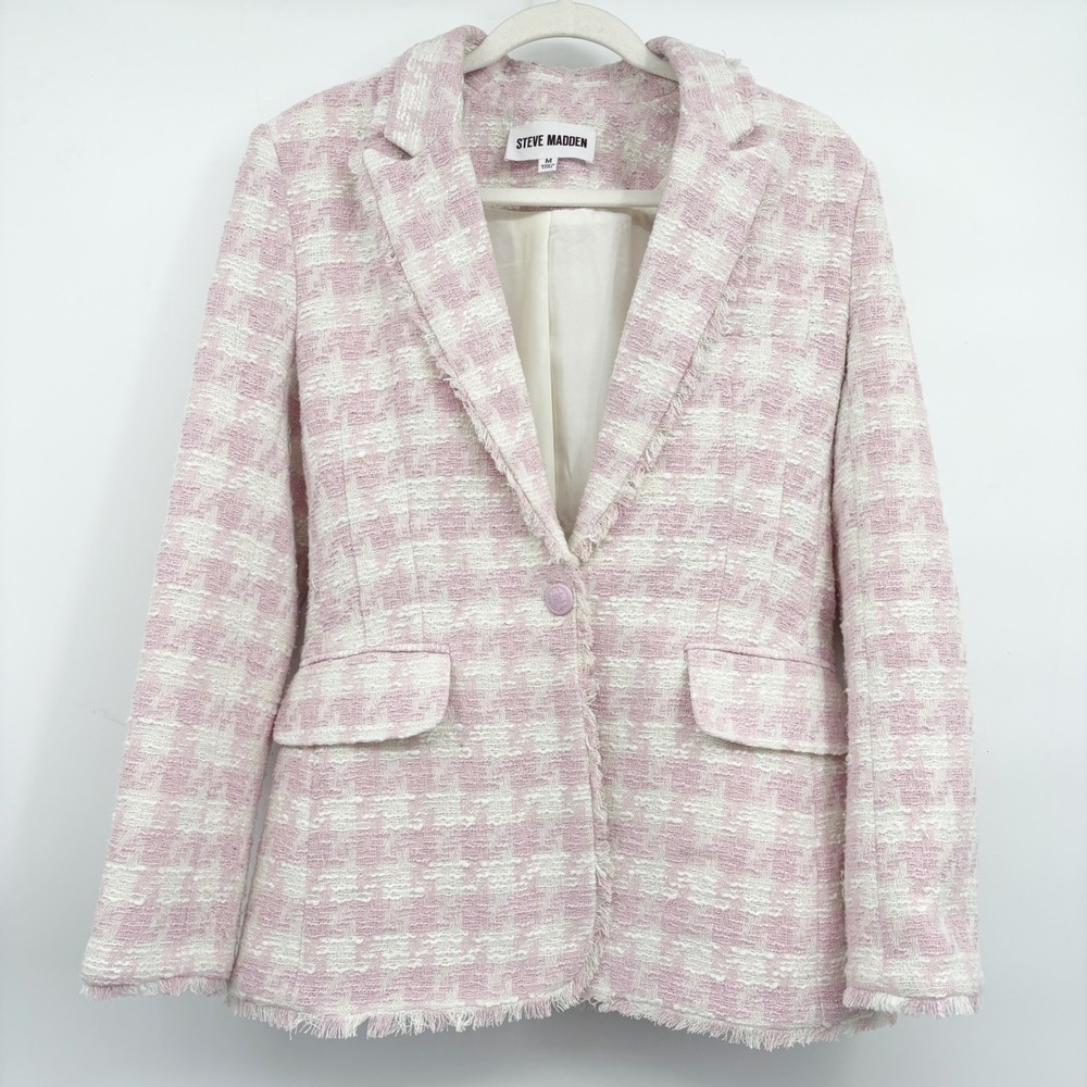 Steve Madden Womens Pink White Harlow Tweed Fringe Preppy Office Siren Blazer M